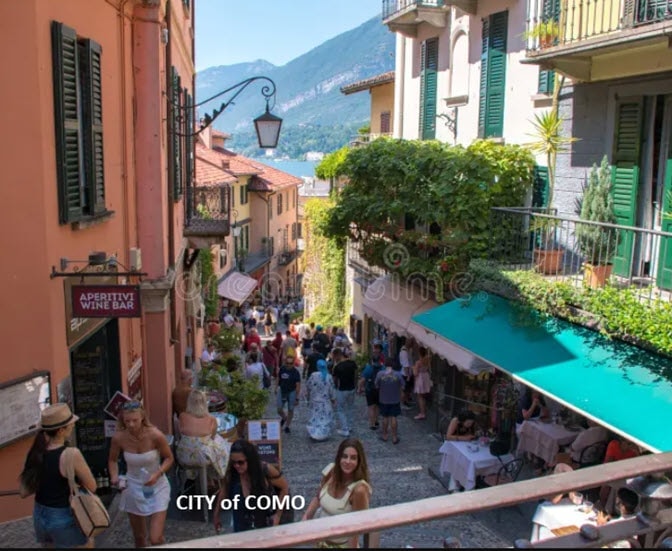 City of Como street scene with lake and mountains