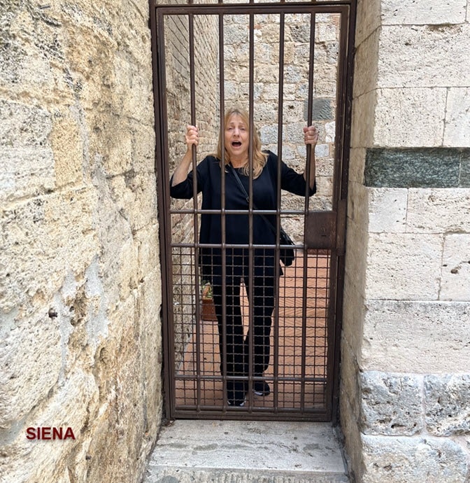 Daren behind metal gate playful pose Siena